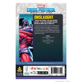 Back of a Marvel Crisis Protocol Miniatures Game card featuring the Onslaught character art, product text, logos, and a barcode on a white background.