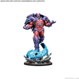 A painted tabletop miniature of a muscular fantasy warrior standing on a blue crackling energy base, shown against a plain white background with small text at the top reading 'MINIMATURES ARE SUPPLIED UNASSEMBLED AND UNPAINTED'.