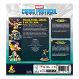 Back of a Marvel Crisis Protocol Miniatures Game box, showing product details, included miniatures and cards, in Spanish and French, with illustrated character art and a barcode at the bottom.