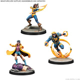 Three Marvel tabletop gaming miniatures on a white background, with small text at the top reading 'MINIATURES ARE SUPPLIED UNASSEMBLED AND UNPAINTED'. The figures are painted in blue, yellow, purple, and skin-tone colors and are posed dynamically on round bases.