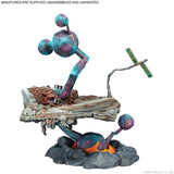 Colorful alien figure with a broken chair on a white background