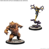 Two miniature figures on stands with a white background, featuring text about unassembled and unpainted miniatures.