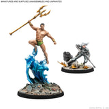 Two miniature figurines on a white background, one with a warrior holding a trident and the other with a character in a dynamic pose.