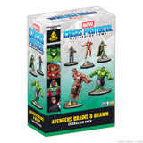Marvel Crisis Protocol Miniatures Game box for Avengers Brains & Brawn Character Pack, showing illustrated character miniatures on the front and side panels against a white background.