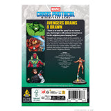 Back of a Marvel Crisis Protocol Miniatures Game box, featuring character art of Avengers characters including Hulk, Iron Man, Captain America, and Black Widow, along with product text and a barcode on a black and teal background.