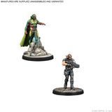 Two unpainted tabletop miniature figures shown on a plain white background: a green and red superhero-like character on a rocky base at upper left, and a gray soldier holding a rifle on a textured base at lower right. Text at the top says miniatures are supplied unassembled and unpainted.