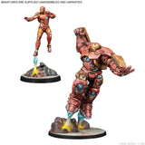 Two unpainted Marvel miniature figurines shown on a white background: a small Asgardian-style figure on a circular base in the upper left and a large Hulkborn-style armored figure on a larger base in the lower right. Text at the top says miniatures are supplied unassembled and unpainted.