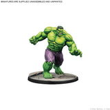 A painted Marvel miniature figurine of the Hulk standing on a circular base, with the text 'MINIATURES ARE SUPPLIED UNASSEMBLED AND UNPAINTED' at the top and Marvel copyright text at the bottom right.
