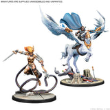 Two miniature figurines on a white background, one with a warrior on a horse and the other with a character with a weapon.