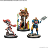 Three miniature figurines on a white background with text indicating they are unassembled and unpainted.