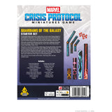 Marvel Crisis Protocol miniatures game starter set packaging with text and miniature illustrations.