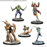 Five miniature figurines on a white background with Marvel branding.