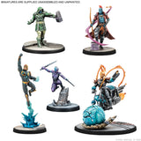 Five Marvel miniatures on a white background with text indicating they are unassembled and unpainted.