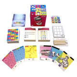 A set of colorful art and design cards with a matching box labeled 'POP ART' arranged on a plain white background. The set includes multiple card faces, instruction cards, a grid sheet, wooden sticks, and illustrated cards showing abstract designs and drawings.