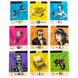 A 3x3 grid of illustrated cards featuring retro-themed graphics, including sneakers, a rotary phone, a woman holding a phone, a milkshake, sunglasses, a woman's portrait, a milkshake, a typewriter, and a motorcycle. Each card has a colored background, illustrated elements, and small text labels at the bottom.