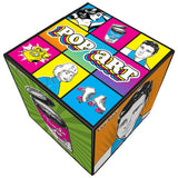 A cube-shaped decorative box featuring a colorful pop-art design with the words 'POP ART' and illustrated faces, hands, roller skates, and a can of soda, shown on a plain white background.