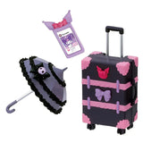 Black and pink suitcase with decorative elements and an umbrella on a white background