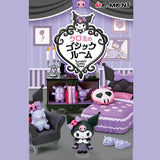 Kuromi's Gothic Room set with various Kuromi figures and furniture on a purple background.