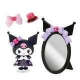 Kawaii character with black hair bow, pink skull, and purple ribbons next to a round mirror with similar design elements.