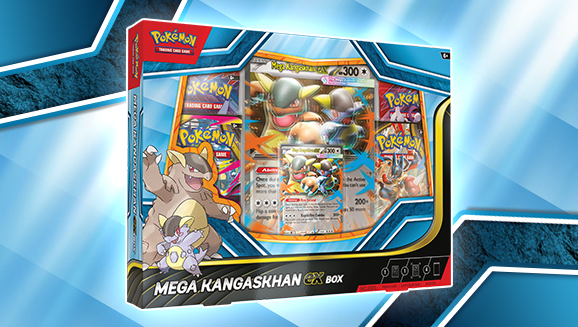 Pokémon trading card game box featuring Mega Kangaskhan on a blue and gray gradient background