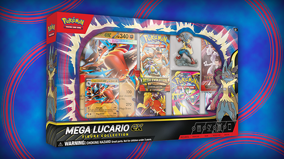 Pokémon trading card game Mega Lucario box on a blue background