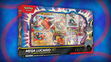 Pokémon trading card game Mega Lucario box on a blue background