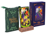 Hocus Pocus themed tarot cards with a green drawstring bag and purple box on a white background