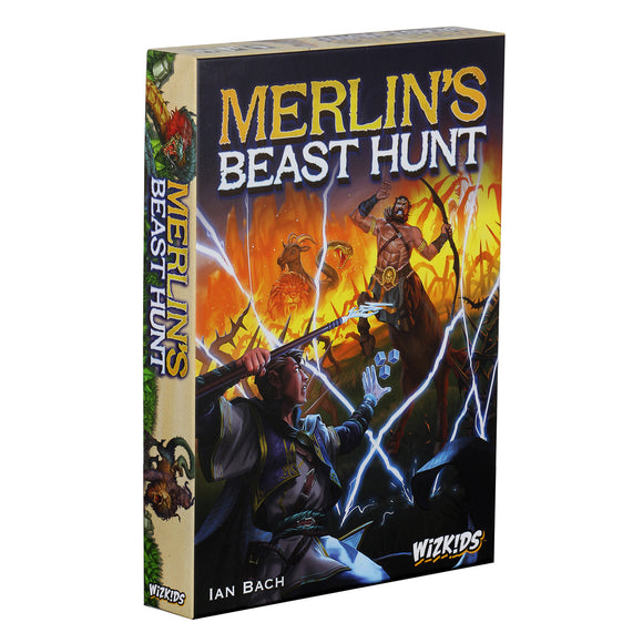 Board game box for 'Merlin's Beast Hunt' by Wizkids on a white background