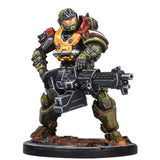 Toy figure of a character in futuristic armor with a weapon on a white background