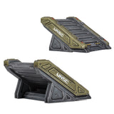 Two 'UNSC' branded military-style stands on a white background