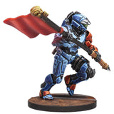 Colorful figurine with armor and a red flag on a white background