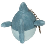 Plush keychain shaped like a blue creature on a white background