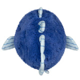 Blue plush toy with white accents on a white background