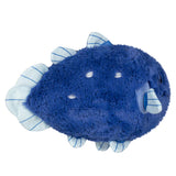 Blue plush toy with white accents on a white background