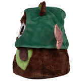 Plush toy with a green hood and brown body on a white background