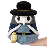 Plush toy resembling a character with a black hat, gray body, and holding a lantern on a white background