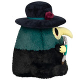 Plush toy resembling a character with a black hat, green and black body, and holding a cane on a white background