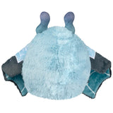 Plush toy with a blue fuzzy body and gray arms and legs on a white background