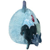 Plush toy resembling a blue creature with a spider web design on a white background