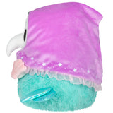 Plush toy with a purple hood and teal body on a white background