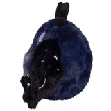 Plush toy resembling a black and blue creature on a white background