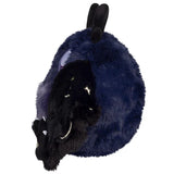 Plush toy resembling a black and blue creature on a white background