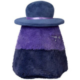 Purple and blue plush toy with a hat on a white background