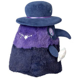 Purple and blue plush toy with a hat on a white background