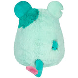 Plush toy with teal ears and pink tail on a white background