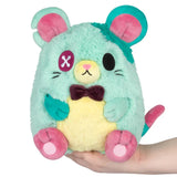 Plush toy resembling a stylized mouse with teal fur, pink ears, and a yellow belly.