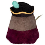 Plush toy resembling a character with a black hat, green gem, and maroon body on a white background