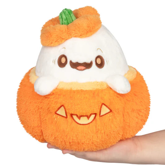 Plush toy shaped like a ghost in an orange pumpkin costume on a white background