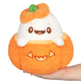 Plush toy shaped like a ghost in an orange pumpkin costume on a white background
