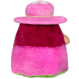 Plush toy with pink and red striped body and pink hat on a white background